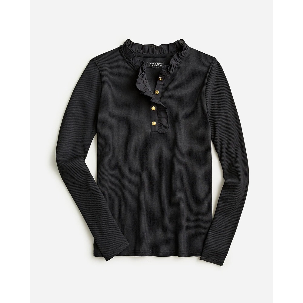 J.Crew Ruffle-collar long-sleeve shirt in vintage rib Henley Top Gold Buttons  S
